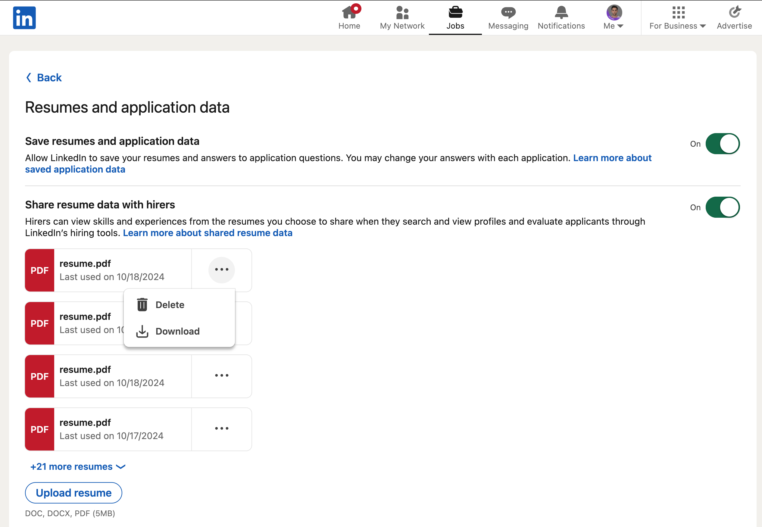 Earlier LinkedIn Resumes and application data screen with the three-dot menu open beside a saved resume, showing Delete and Download.