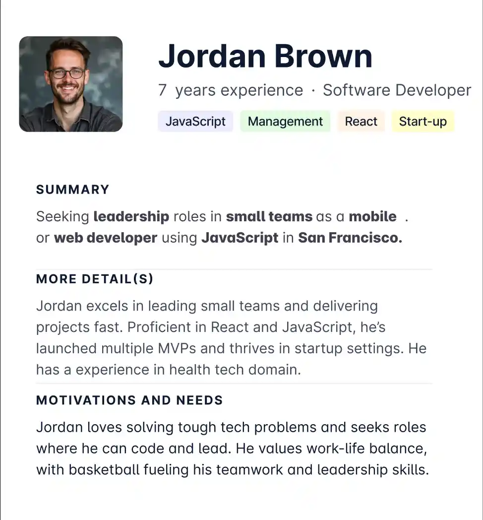 AI-powered job application persona builder interface showing personalization options