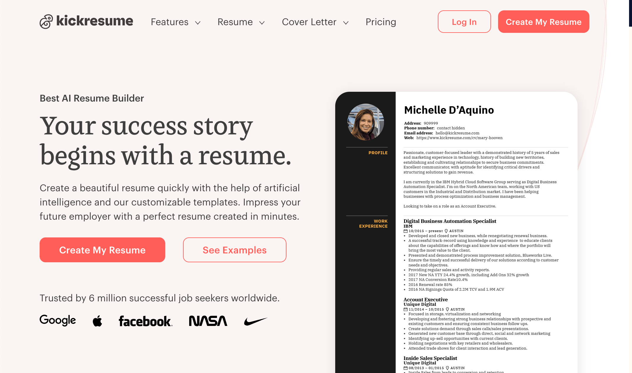 Kickresume AI resume builder with GPT-4 content generation and creative templates
