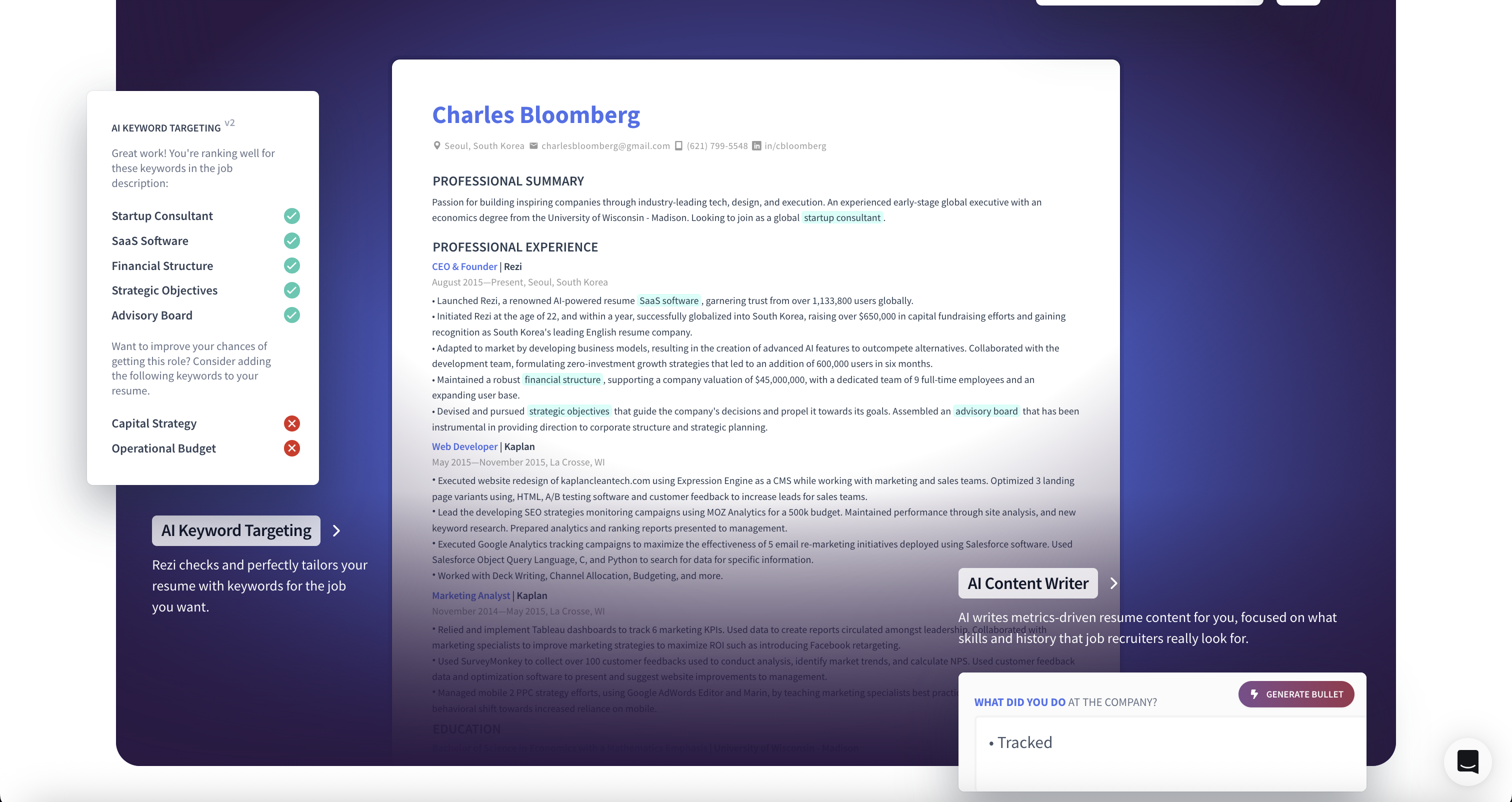 Rezi AI resume builder screenshot showing 23-point ATS scoring and keyword optimization interface