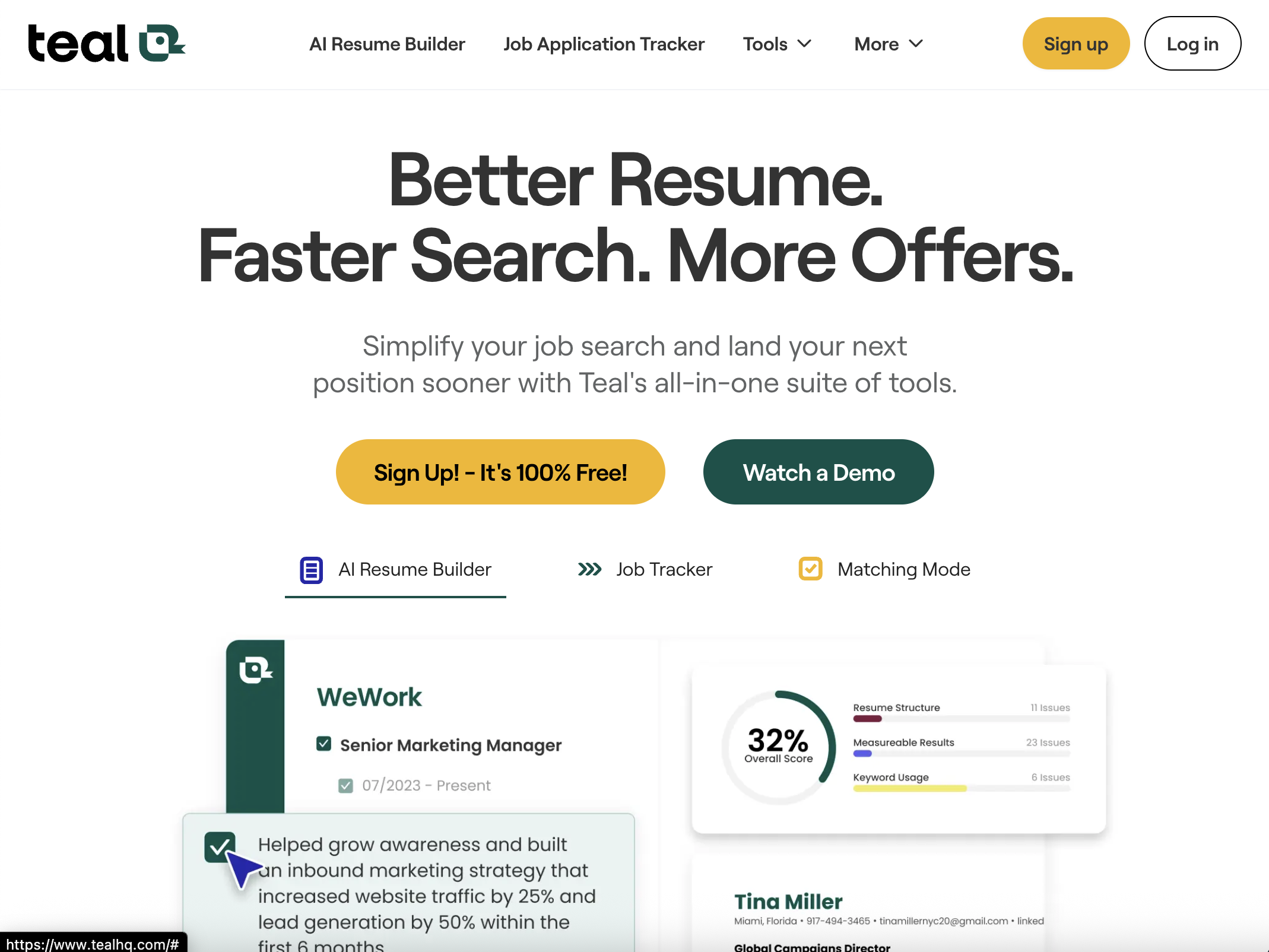TealHQ job search platform interface showing resume builder and job application tracker