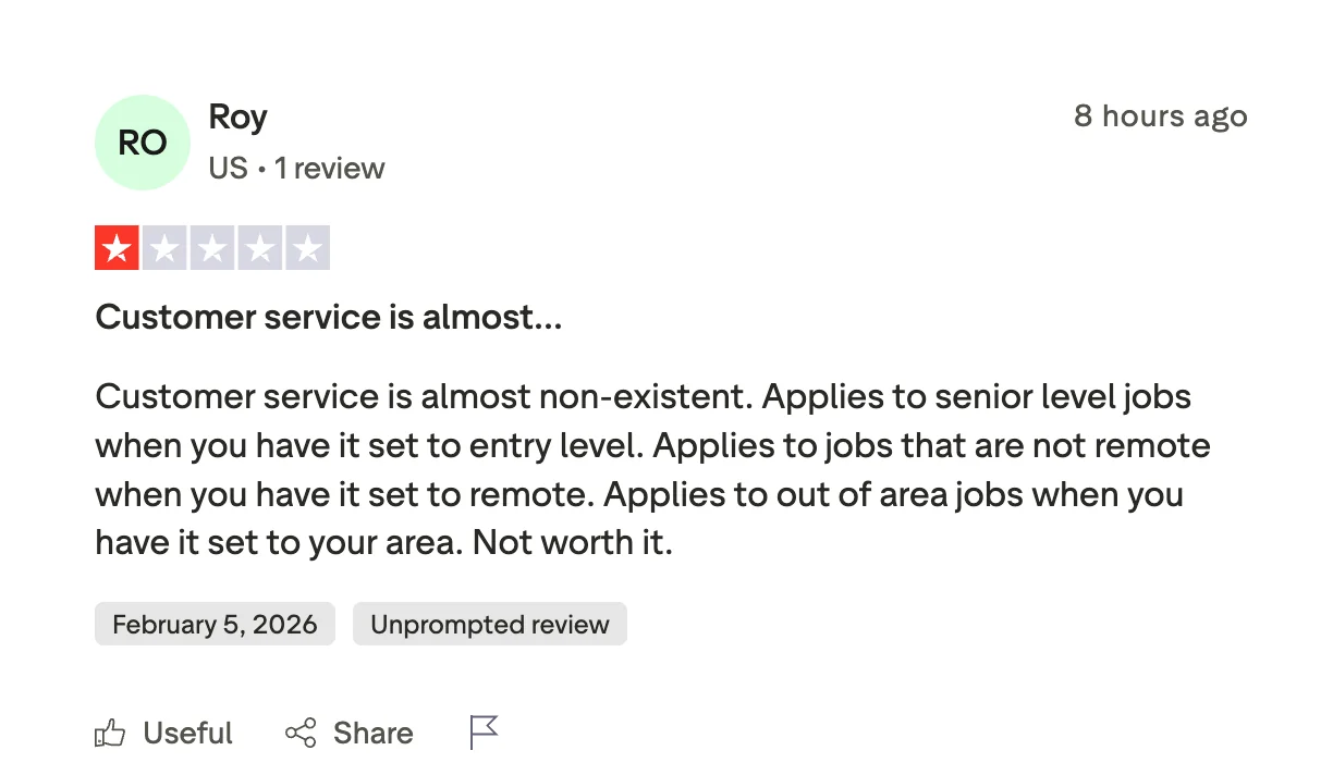Trustpilot review screenshot showing AIApply user complaint about wasted credits on irrelevant job applications