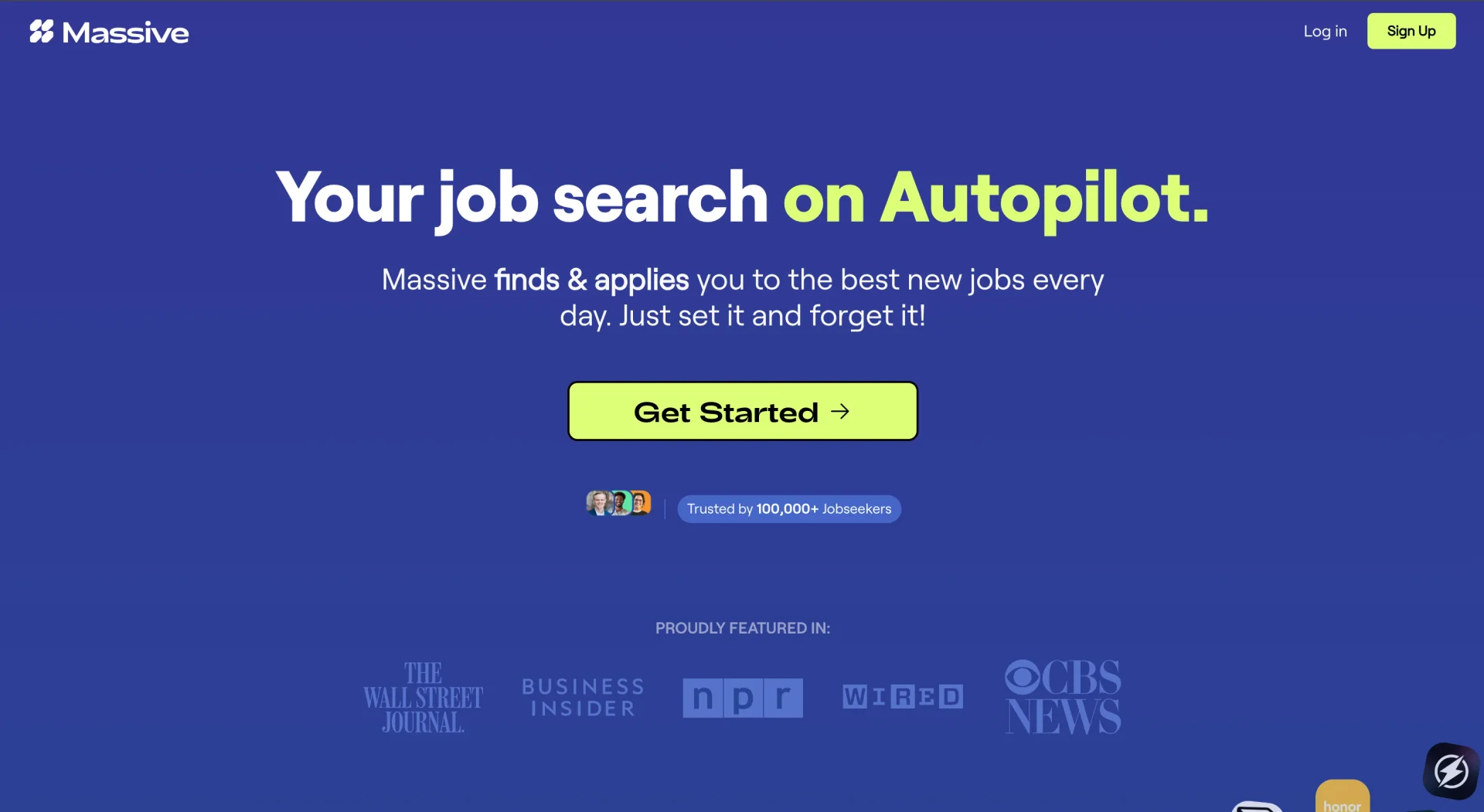 Massive Apply dashboard showing job application automation features and company targeting