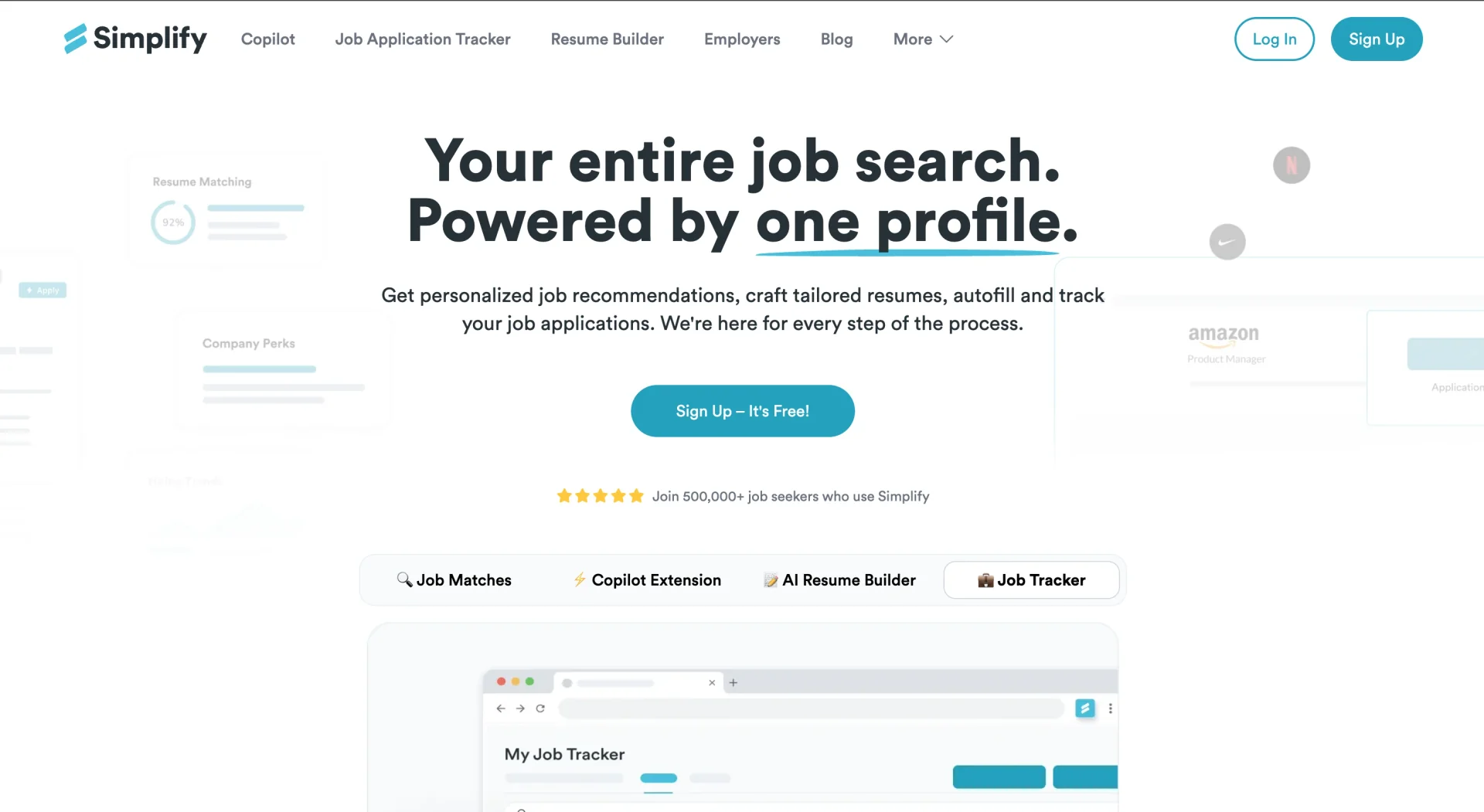 Simplify jobs platform showing resume builder and job tracking dashboard features