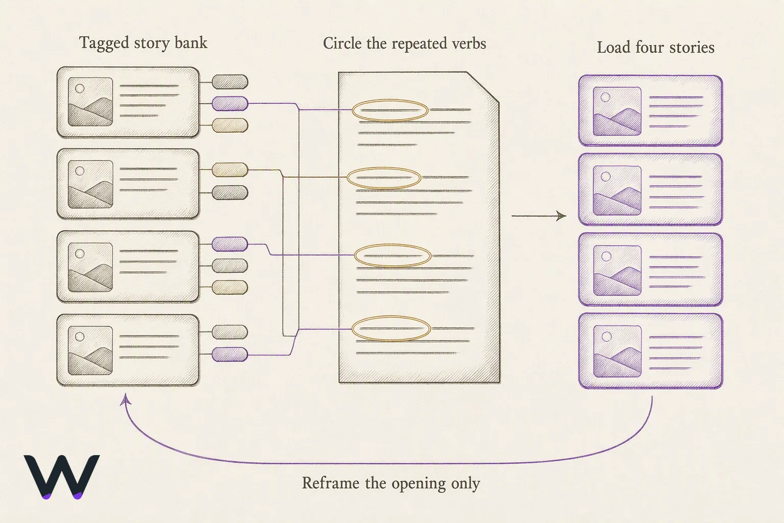 A three-part flow: a column of tagged story cards on the left, a job posting in the middle with several of its verbs circled, and on the right a shortlist of four selected stories; a small return arrow loops from the right back to the middle, labelled to show only the opening framing is rewritten.
