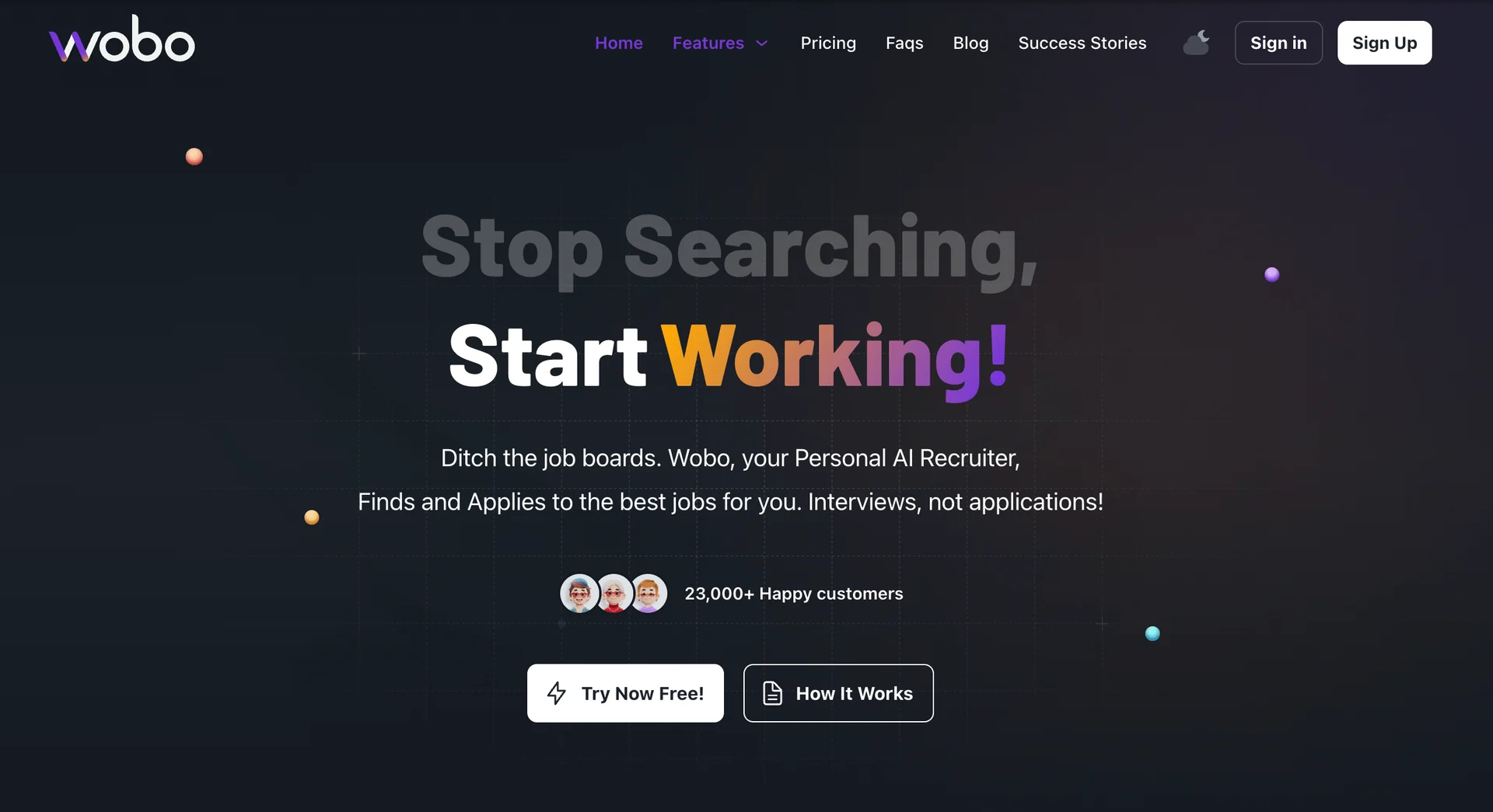 Wobo AI resume builder interface showing free resume creation dashboard with 24-point ATS analysis