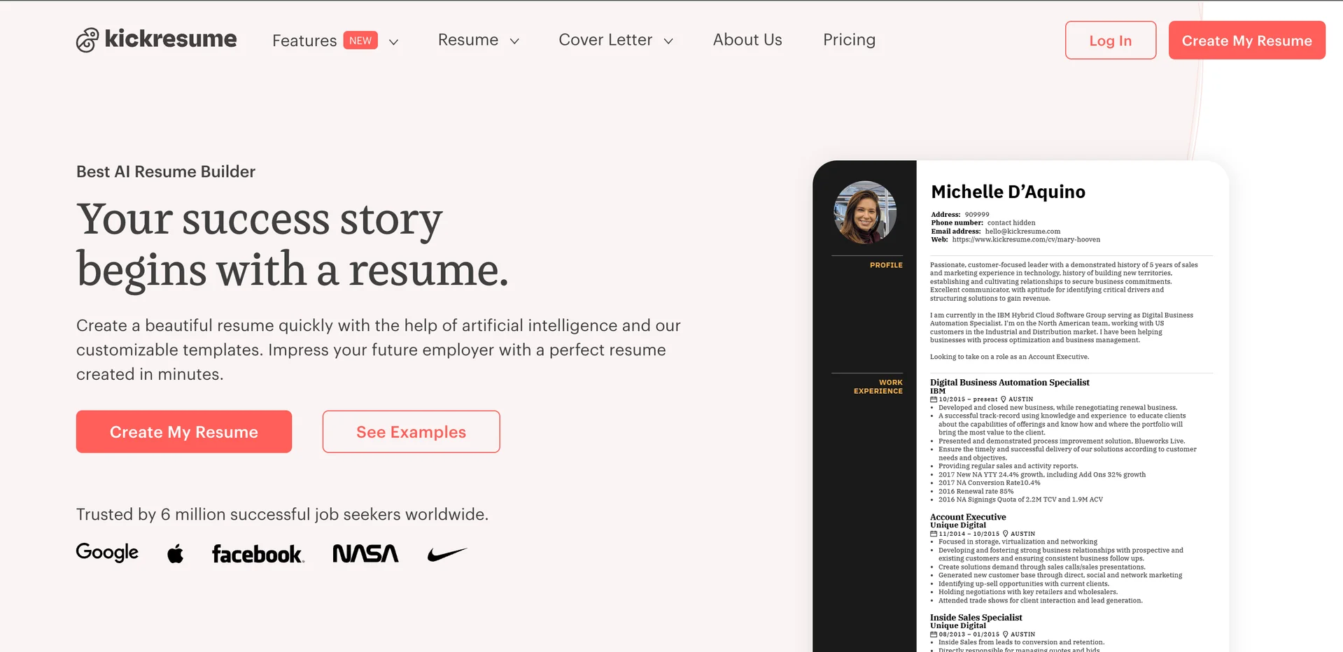 Kickresume AI assistant showing multi-language cover letter options and template selection