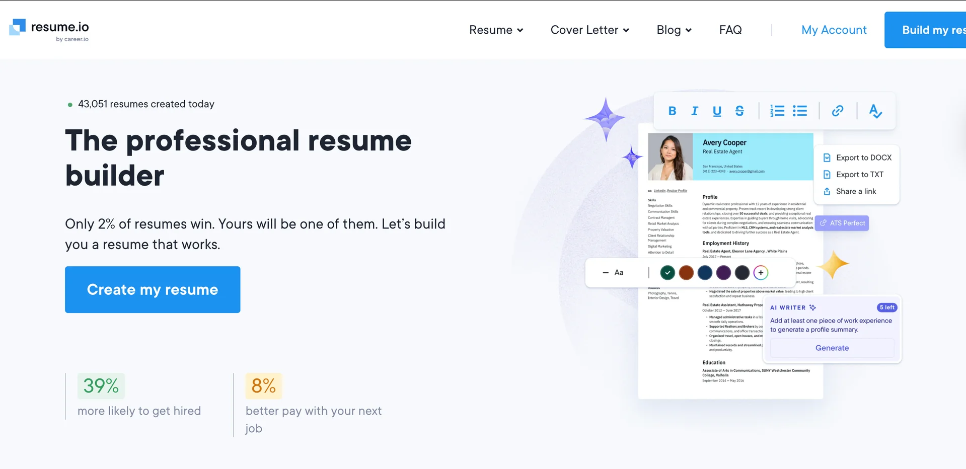Resume.io editor interface with cover letter templates and formatting options
