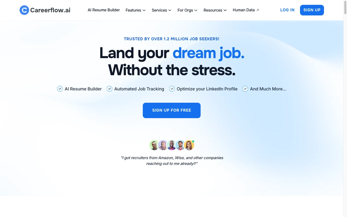 Careerflow homepage showing the Your Career Copilot AI job search tools hero section