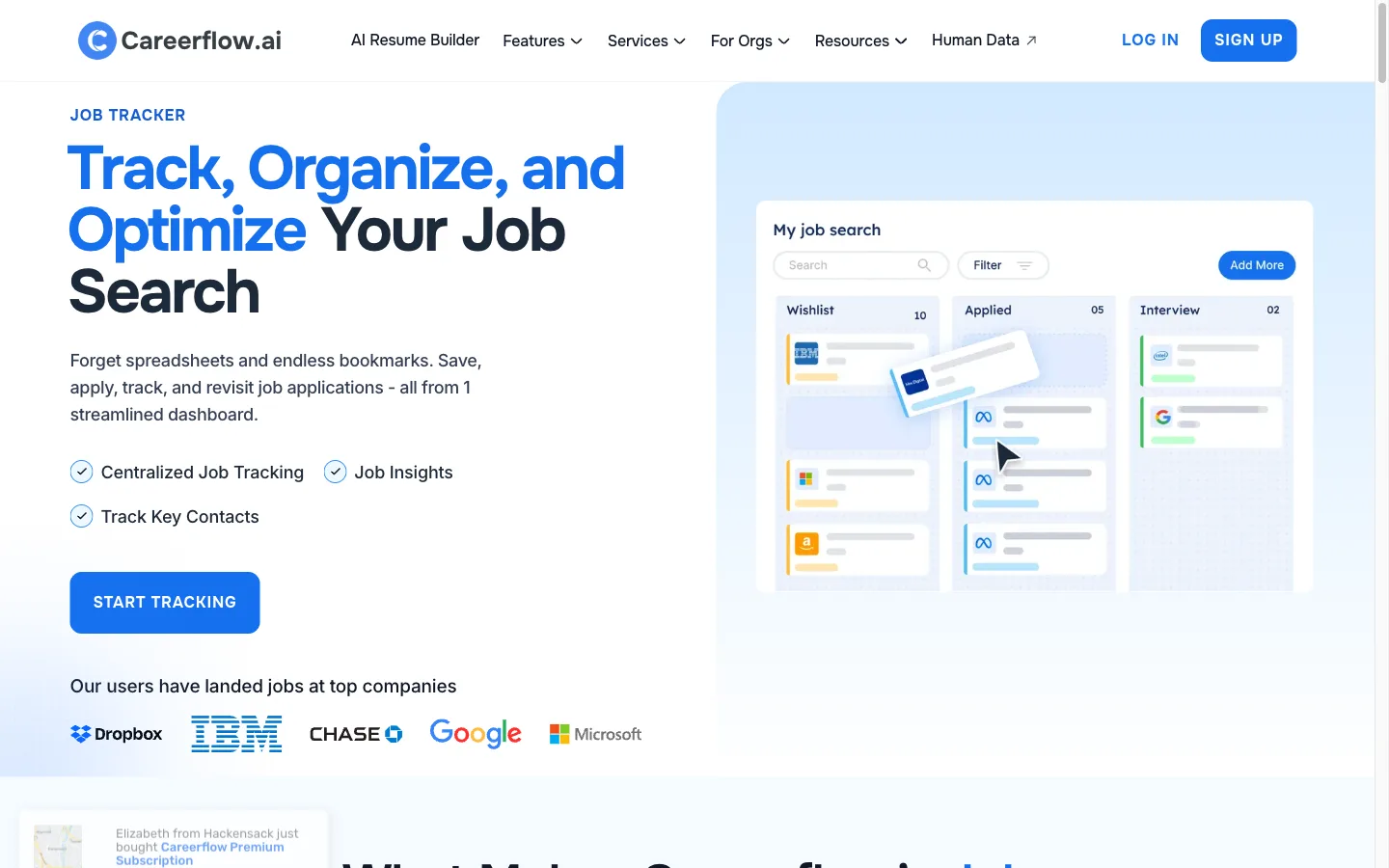 Careerflow free job application tracker page with kanban board for saved jobs
