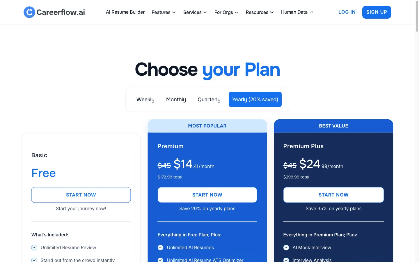 Careerflow Premium page hero showing the upgrade pitch for paid AI features