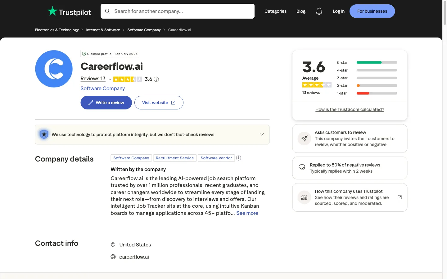 Trustpilot page for Careerflow.ai showing a very low review count for its claimed user base