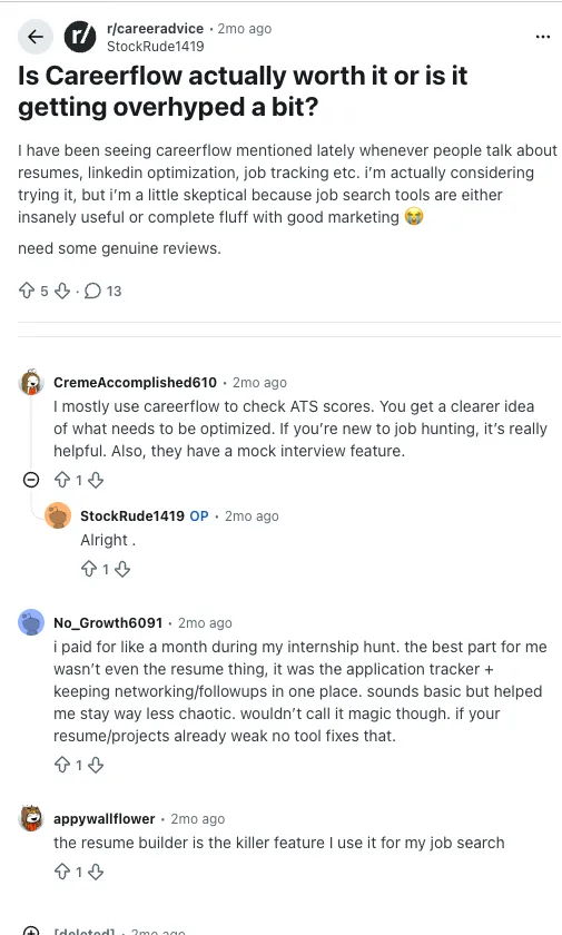 Reddit r/careeradvice thread asking whether Careerflow is worth it or overhyped
