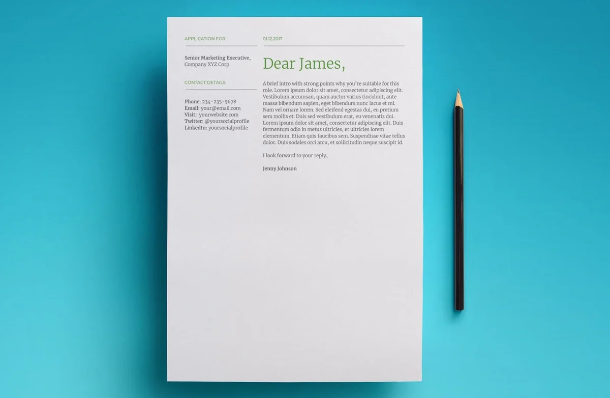 Minimalist cover letter template on blue background with pencil, addressed to James for a marketing executive role.