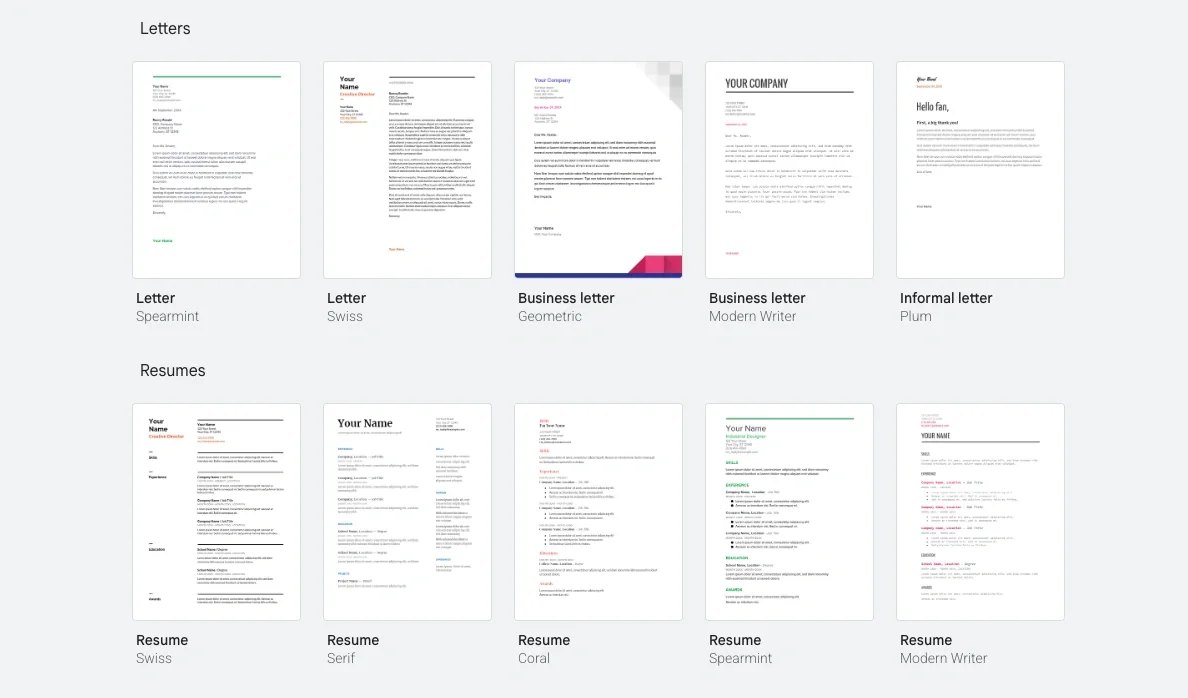 Various cover letter and resume templates displayed for free download and AI customization in Google Docs format.