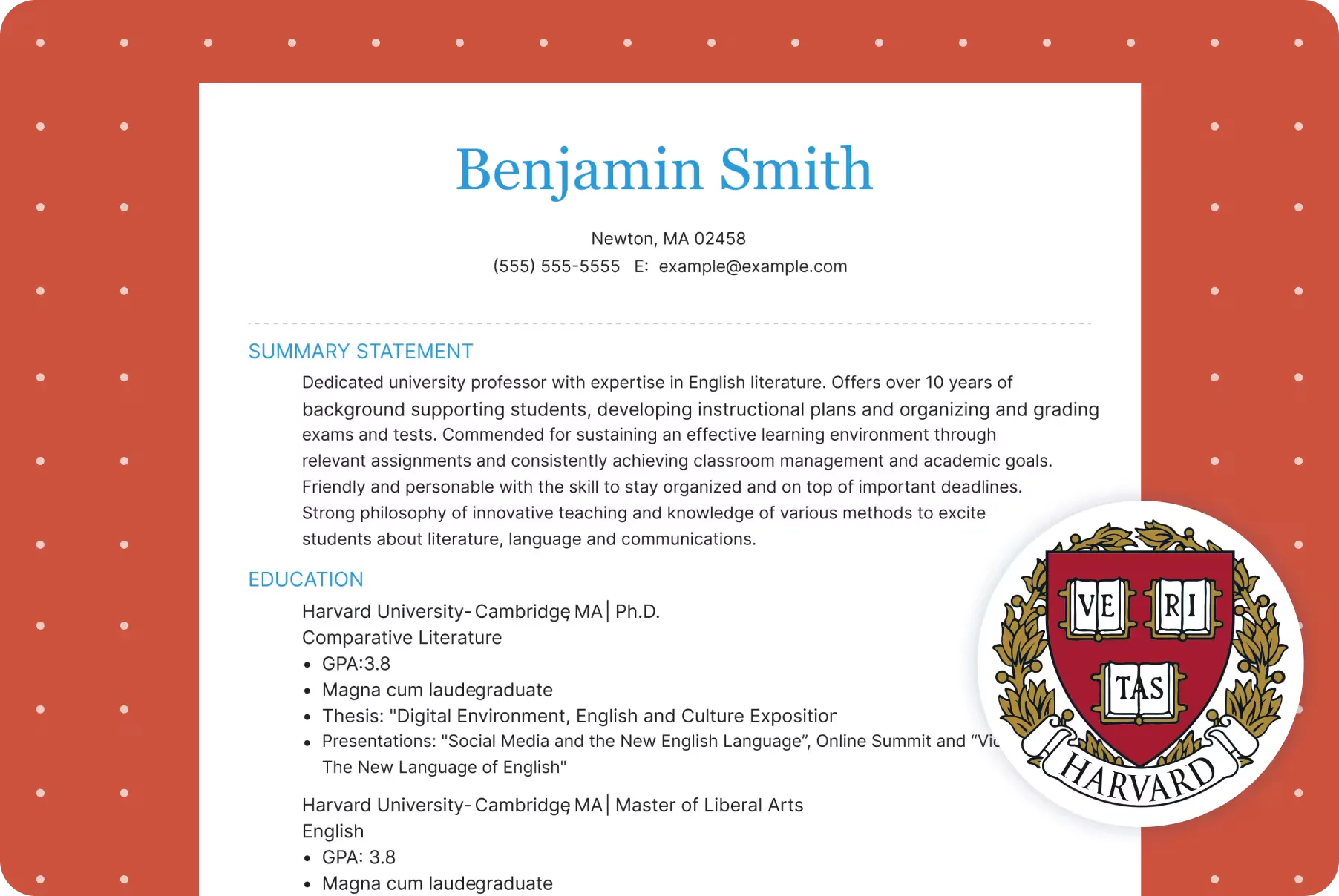 Harvard resume format example showing proper structure with education, experience, and skills sections organized using the XYZ formula.
