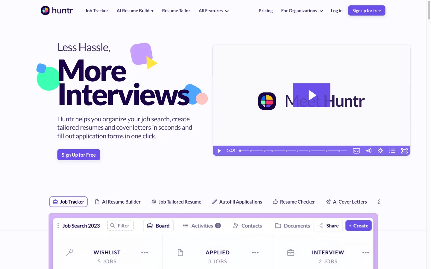 Huntr review: homepage showing the job application tracker and AI resume builder