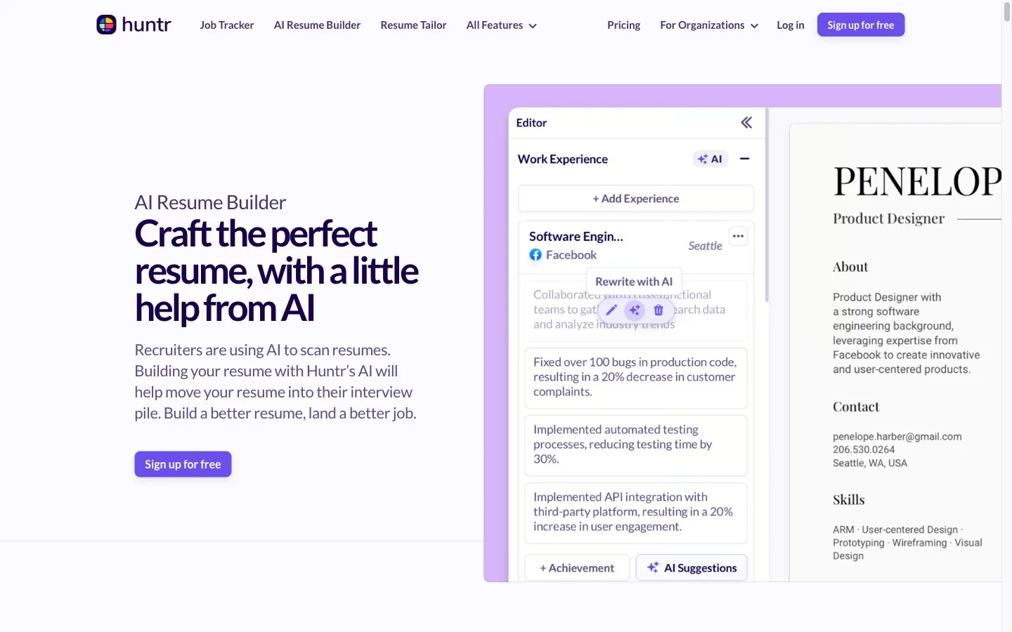 Huntr AI resume builder product page claiming ATS-friendly templates and unlimited downloads
