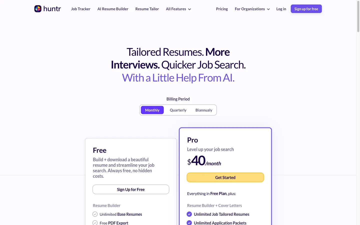 Huntr pricing page showing the Free plan and Pro plan feature comparison