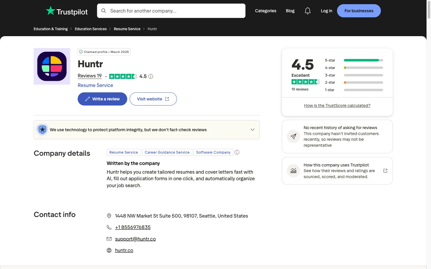 Trustpilot header for Huntr showing a 4.5 rating from only 19 total reviews