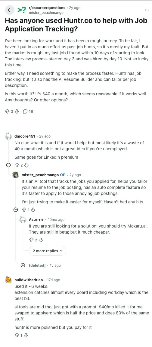 Reddit r/cscareerquestions thread asking whether Huntr is worth it for job application tracking