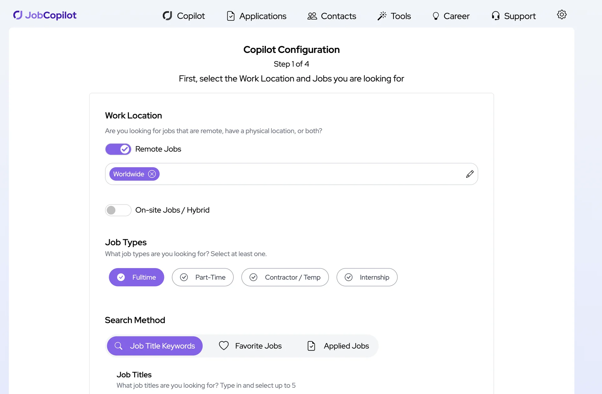 JobCopilot configuration screen showing job preferences setup with title, location, and work type filters