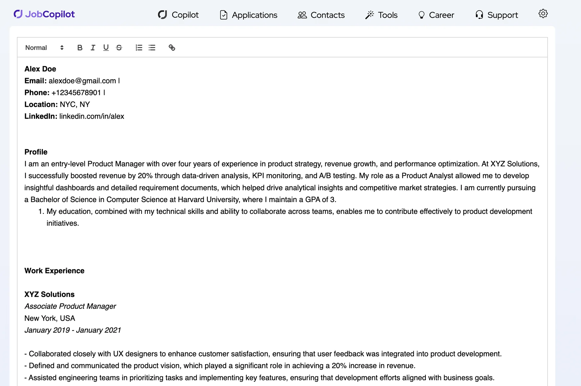 JobCopilot resume feedback screen displaying generic improvement suggestions including conciseness and bullet point tips