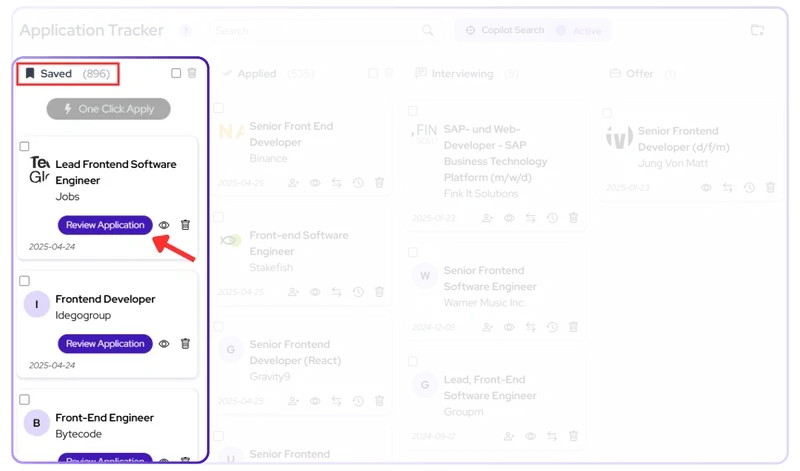 JobCopilot job queue showing matched positions lined up for auto-apply submission