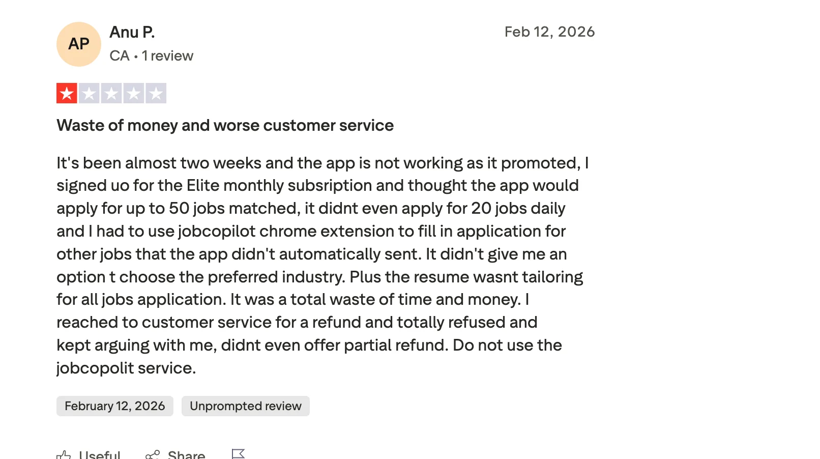 Negative Trustpilot review of JobCopilot reporting poor job matching and billing issues