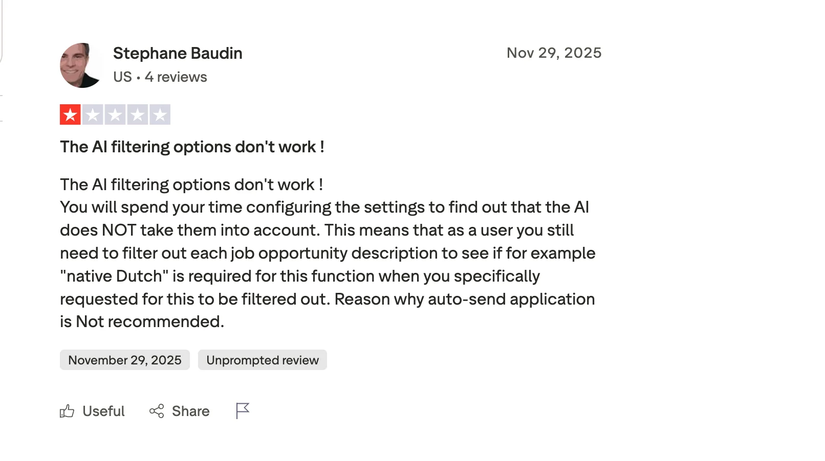 Trustpilot review complaining about JobCopilot applying to irrelevant positions and wasting time