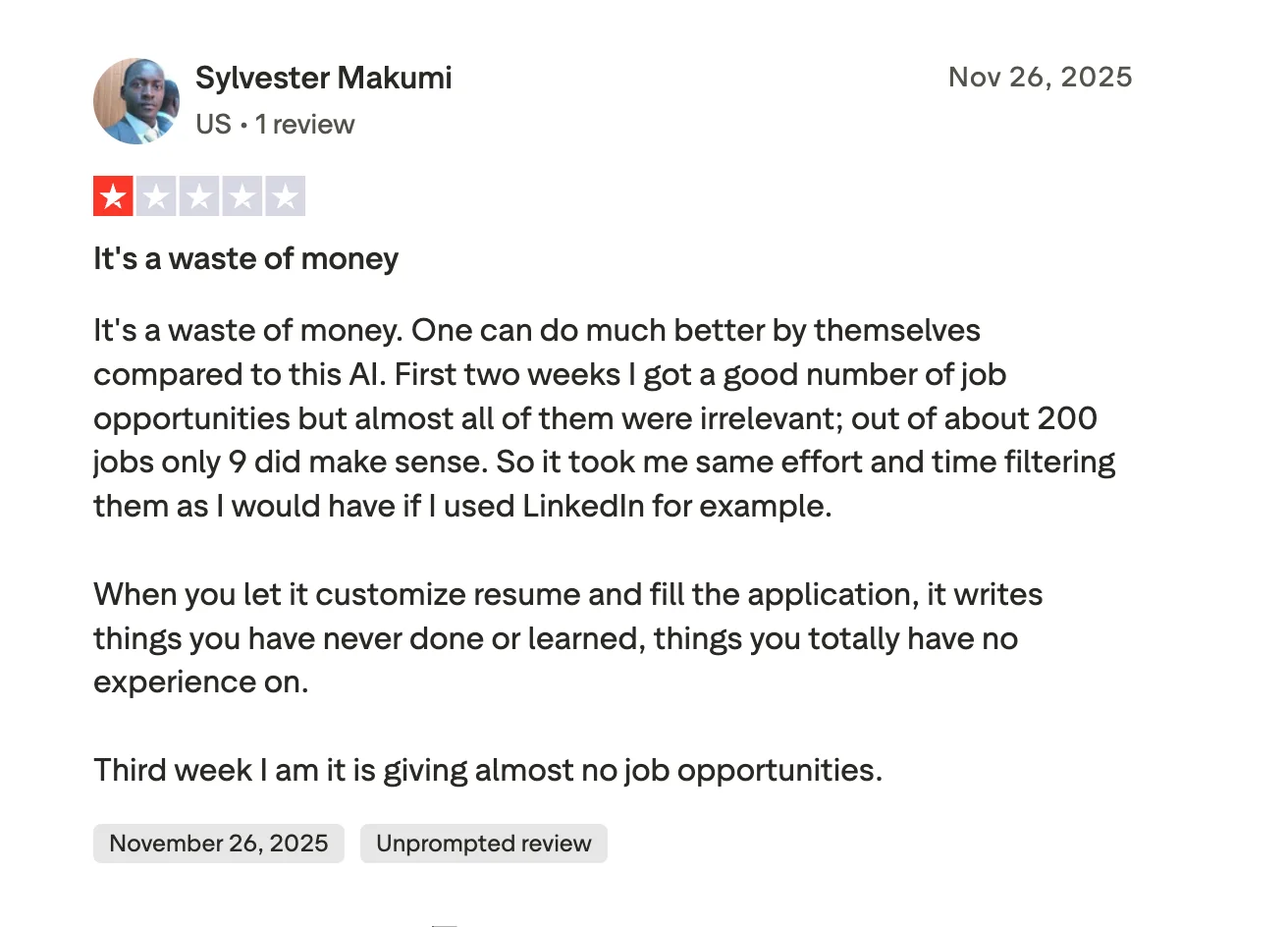 One-star Trustpilot review describing frustration with JobCopilot auto-apply accuracy and customer support