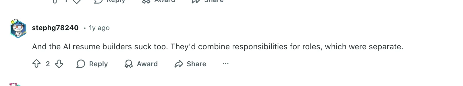 Reddit discussion about JobCopilot resume builder limitations and lack of real AI resume building features