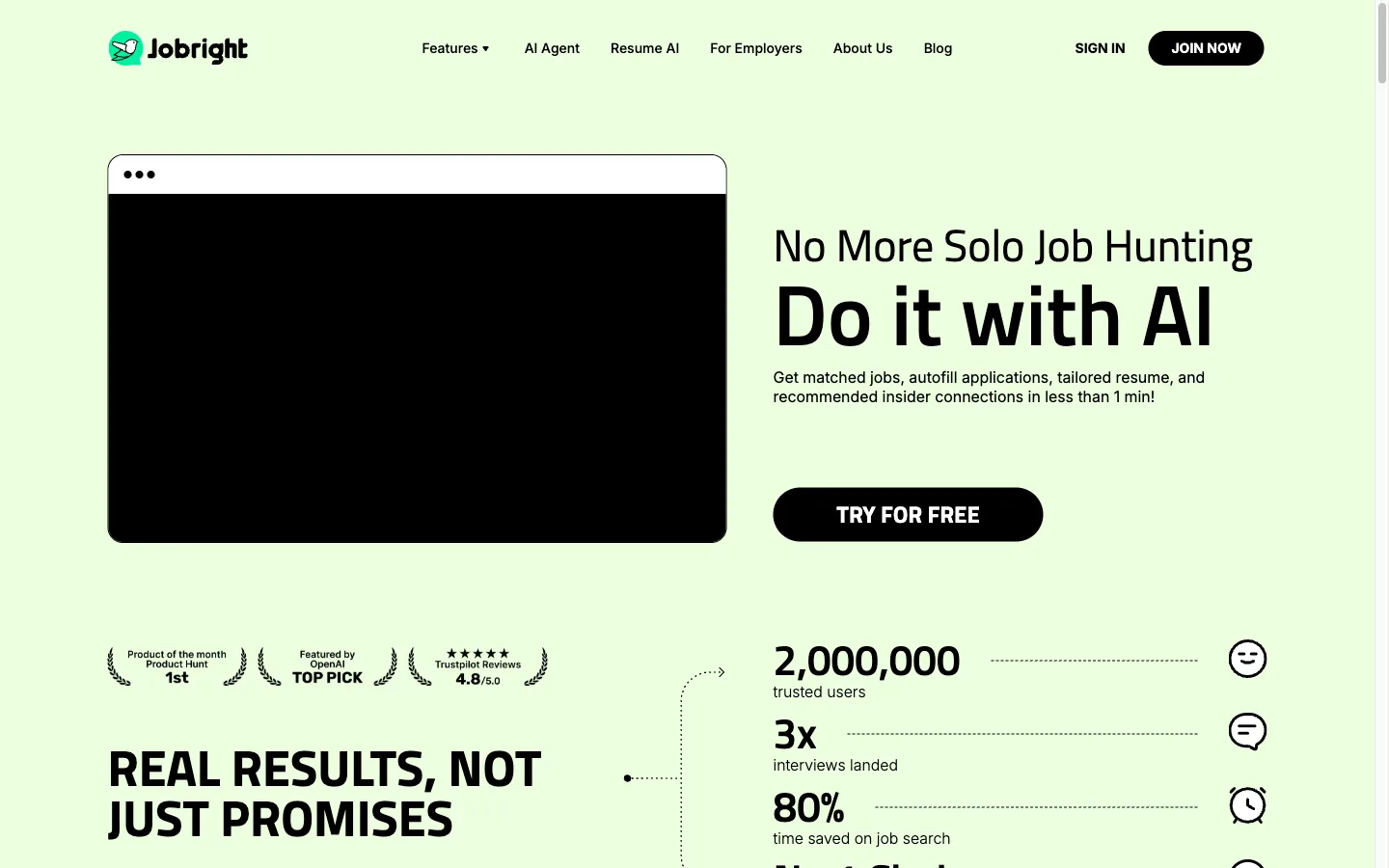 Jobright homepage showing the AI Job Search Copilot hero and match score promise