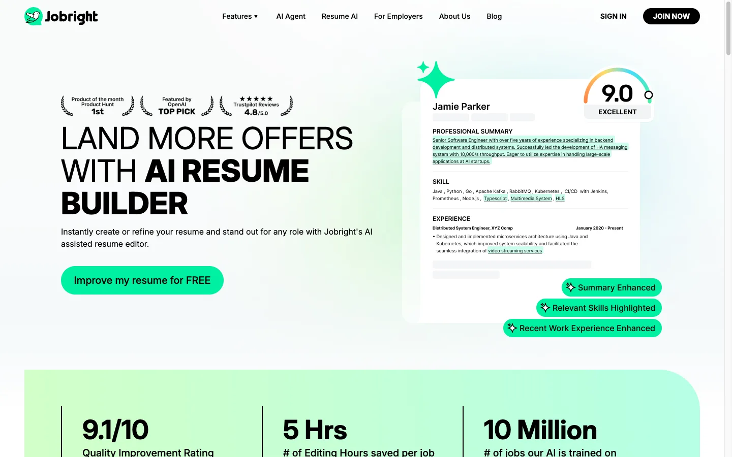 Jobright AI Resume Builder page: Create Free, ATS-Friendly CVs in Minutes