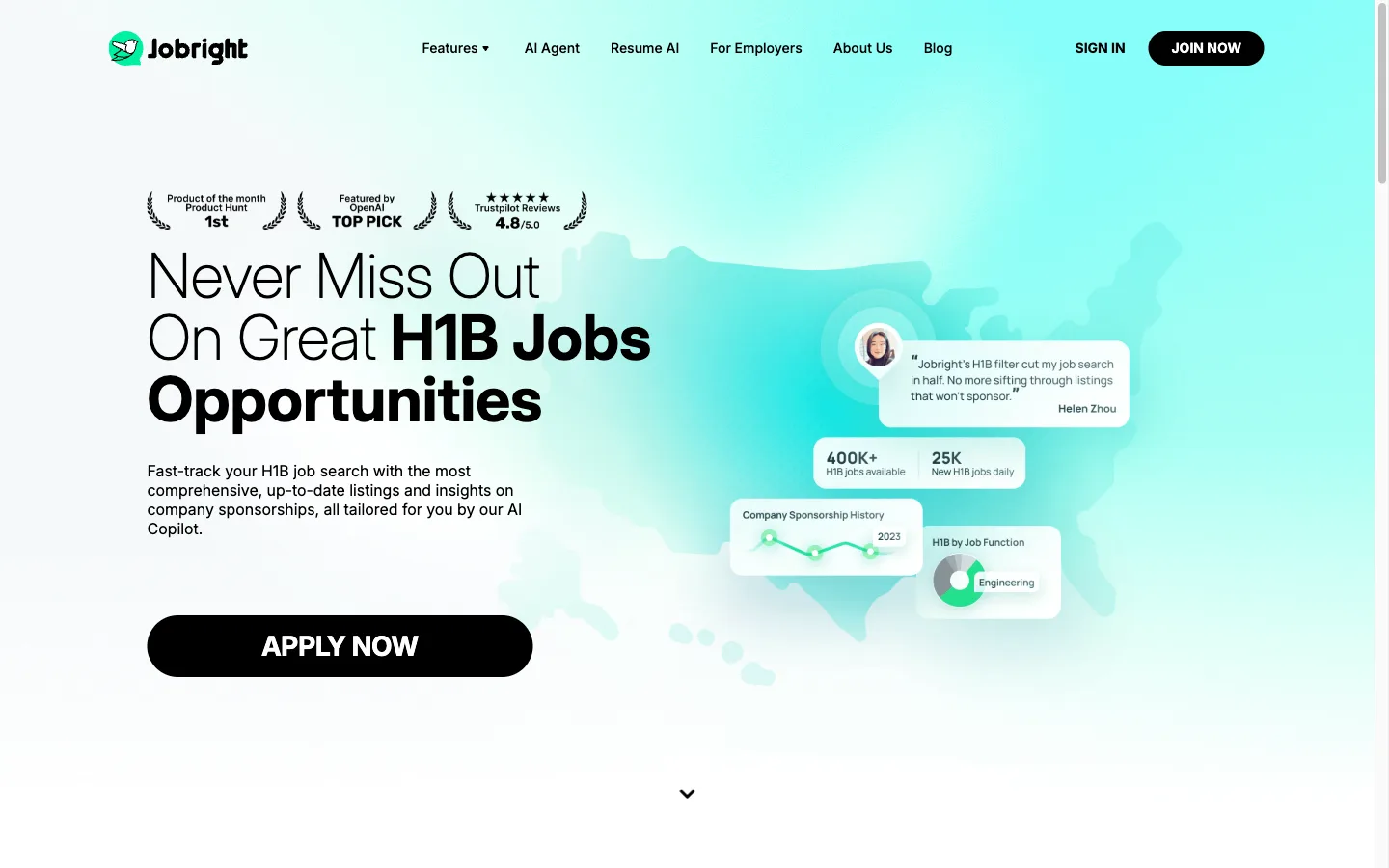 Jobright H1B visa sponsorship job filter page, its signature differentiator for international candidates