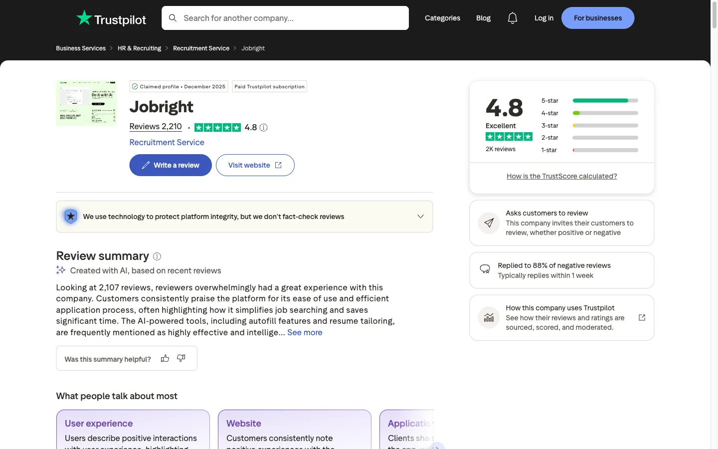 Trustpilot header for Jobright showing a 4.8 rating from roughly 2,200 reviews