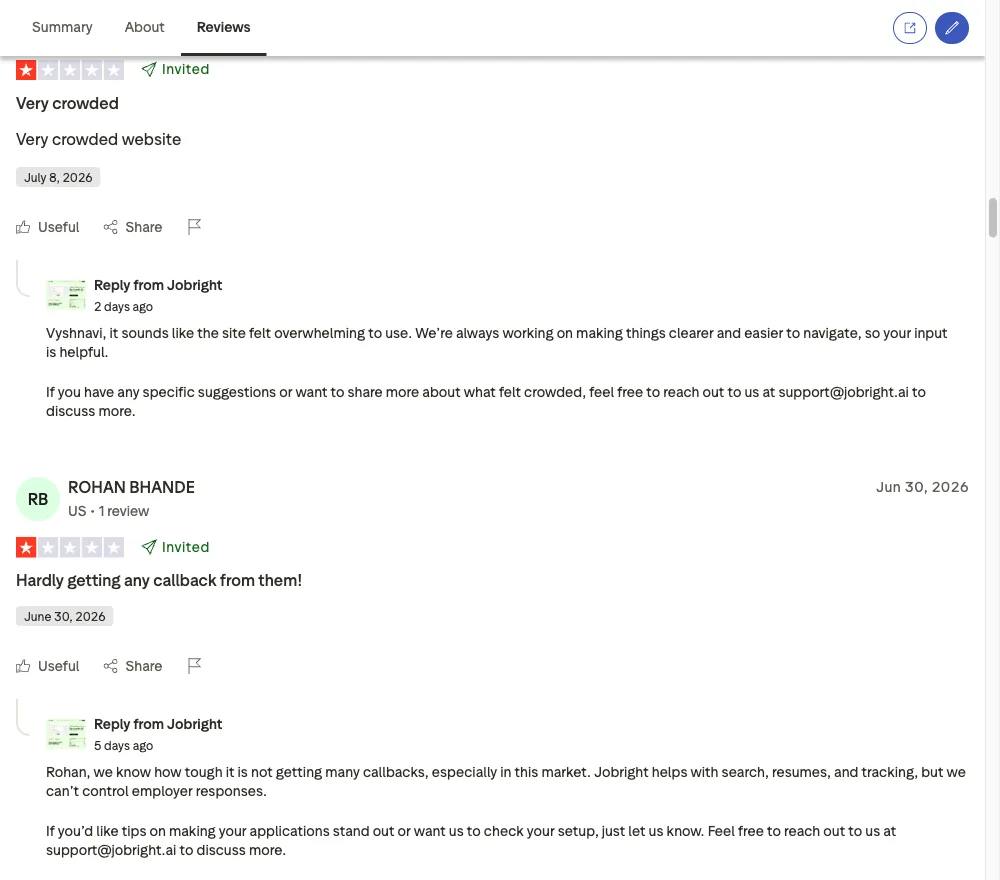 Trustpilot review screenshots showing Jobright user complaints about billing and cancellation