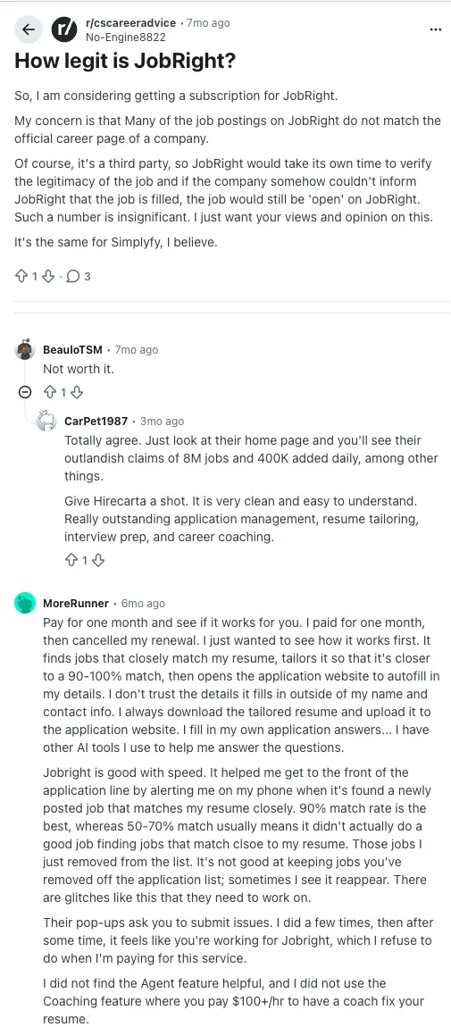 Reddit thread asking how legit Jobright is, with skeptical and positive replies