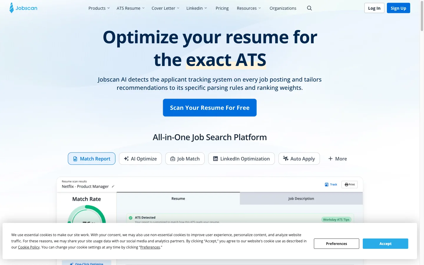 Jobscan homepage showing the ATS resume checker and job search tools reviewed in this jobscan review