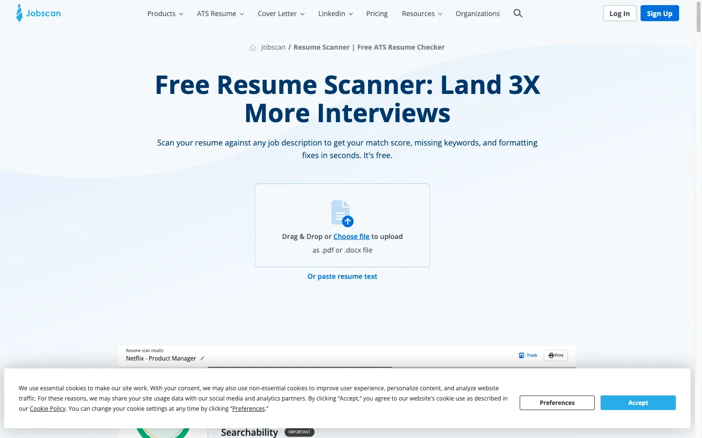 Jobscan free resume scanner with resume and job description inputs for the match rate score