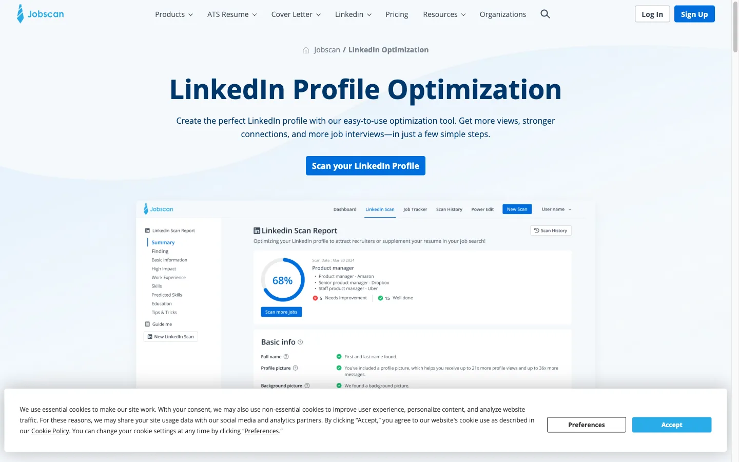 Jobscan LinkedIn Optimization tool page scoring profiles against saved job descriptions