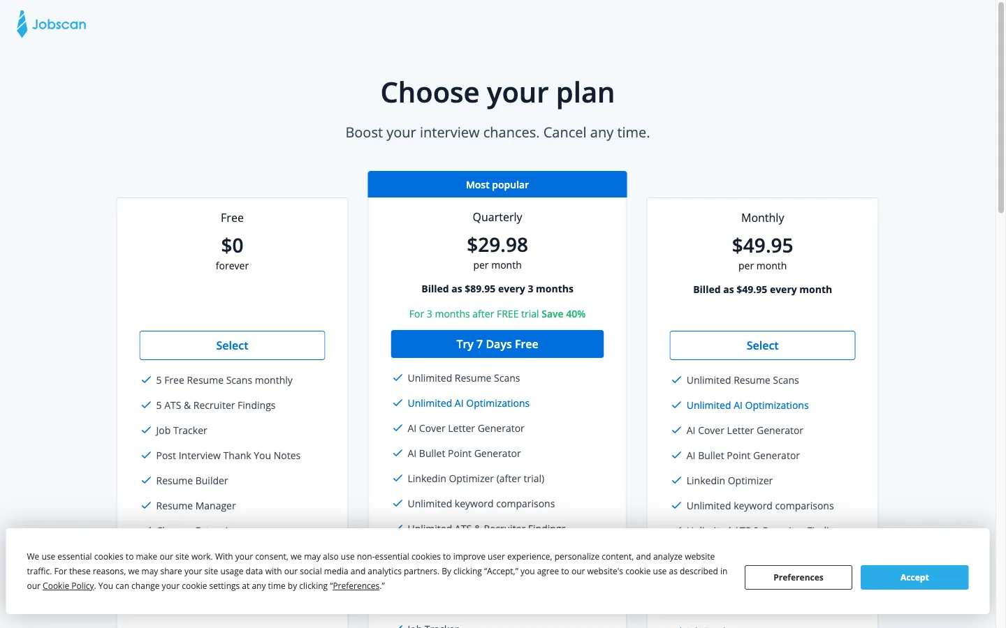 Jobscan plan chooser at app.jobscan.co showing Free versus Premium pricing options