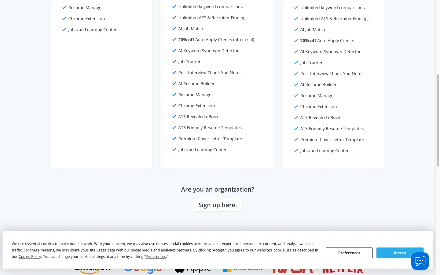 Jobscan Premium plan details and feature comparison in the in-app plan chooser