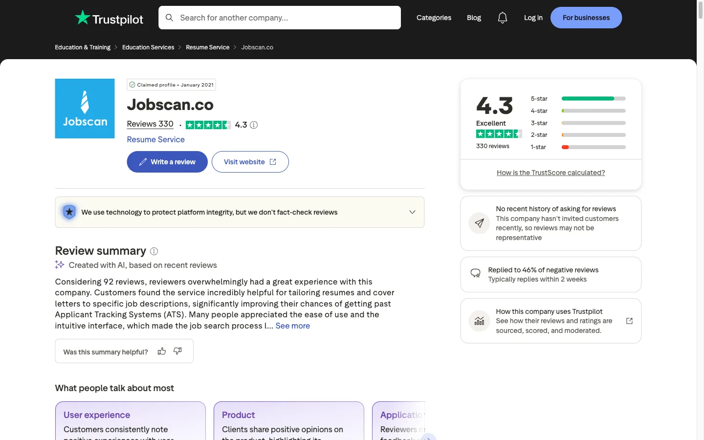 Trustpilot header for Jobscan showing a 4.3 rating from around 330 reviews