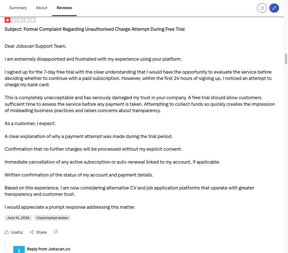 Trustpilot review screenshot showing Jobscan user complaints about auto-renewal and billing charges