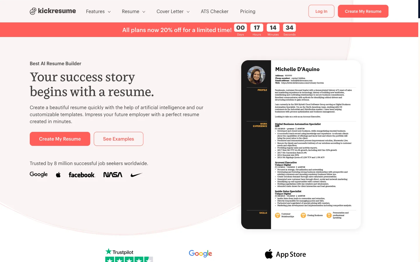 Kickresume homepage showing the 8 million job seekers claim and a 20% discount countdown banner