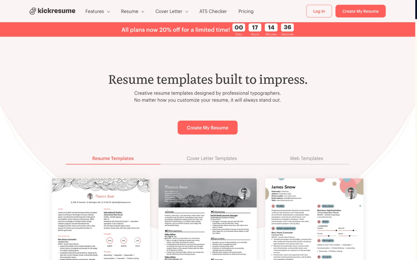 Kickresume resume template gallery showing polished 2026 template designs