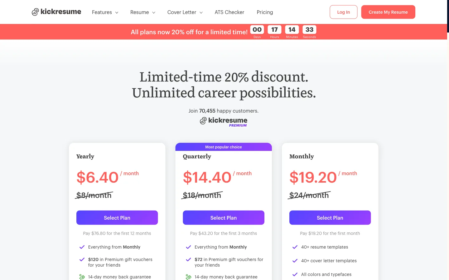 Kickresume pricing page showing the limited-time 20% discount offer with countdown timer