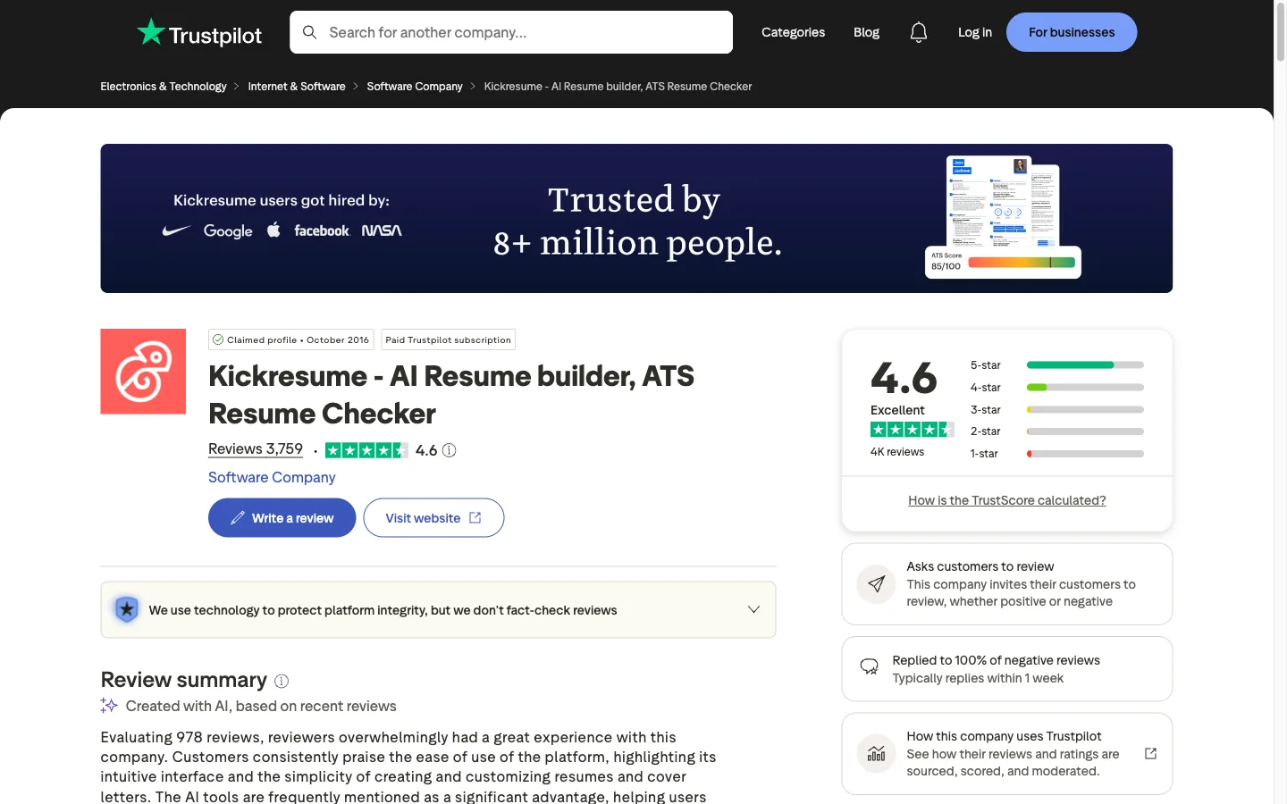 Trustpilot header for Kickresume showing a 4.6 rating from around 3,600 reviews