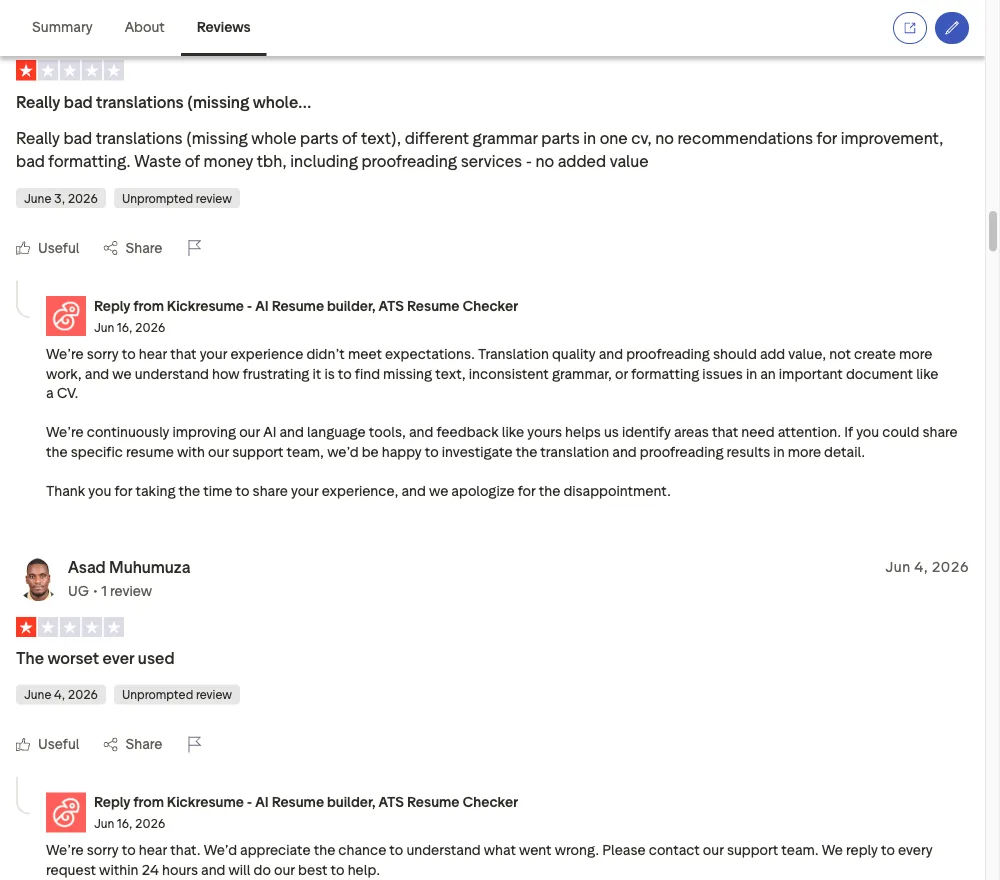 Trustpilot review screenshot showing Kickresume user complaints about auto-renewal charges